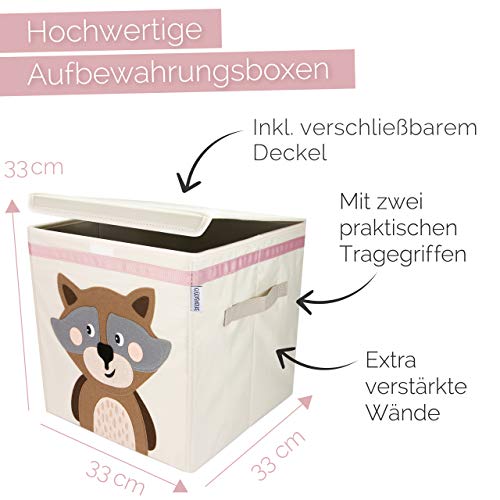 GLÜCKSWOLKE Kinder Aufbewahrungsbox - 15 Motive I Spielzeugkiste mit Deckel für Kinderzimmer I Spielzeug Boxen (33x33x33) zur Aufbewahrung im Kallax Regal I Waldtiere Motiv Waschbär
