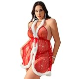 TINAYAUE Damen Sexy Nachthemd Weihnachten Mesh Pyjama Set Kurzes Unterwäsche-Set mit V-Ausschnitt Rückenfreies Neckholder Nachthemd mit Plüsch Glänzendes, leichtes Gewand mit G-String