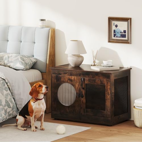 COSTWAY Hundekäfig Tierkäfig, Hundebox im Möbelstil mit Tür & PC-Fenster, Haustierkäfig für kleine und mittelgroße Hunde Katze Haustier, Beistelltisch für Zuhause, Hundehütte Braun, 82 x 47 x 60 cm