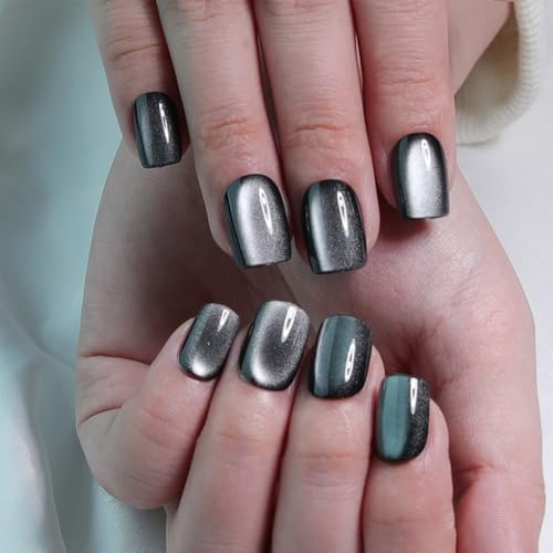 Cat Eye Press On Nails Short Square Soft Gel Fake Nails Magnetic ...