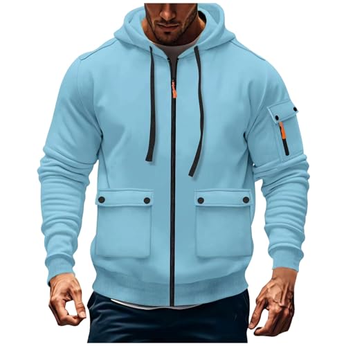 Pull Cachemire Homme,Hommes Automne Hiver Poche Pull Multicolore Zip Casual Ceinture doublée Chaude Veste Top Couleur Unie Casual Oversize Running Sweat à Capuche,Sky Blue-D,S