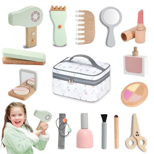 Image of Wooden Makeup Toy Set, Pretend Play Wood Beauty Salon Playset for Girls, Wood Makeup Kit with Cute Fake Makeup Set Gift for Toddler 3 4 5 6 7