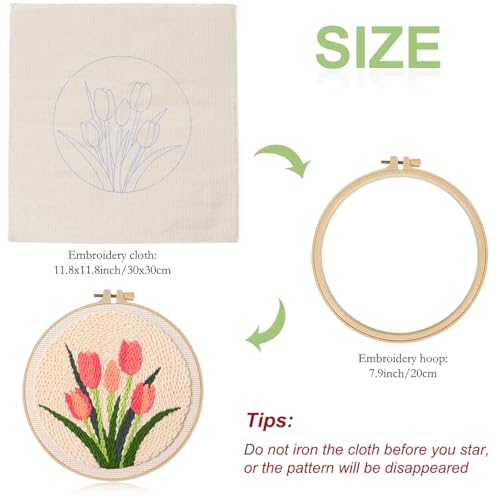 Image of KESTAR Punch Needle Embroidery Starter Kits, Pink Tulip Flower Punch Needle Kits for Adults Beginner, Needle Punch Kit Tool with Instruction Threader Fabric Yarns and Hoop