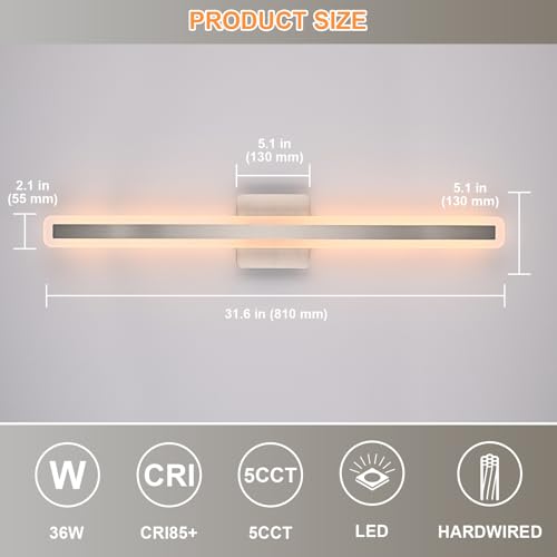Image of 31.6 Inch Bathroom Vanity Light, 5CCT Dimmable LED Vanity Light Bar, Modern LED Wall Sconces Lighting Fixtures for Bathroom Mirror Cabinets Bedroom, Brushed Nickel Finish, 36W