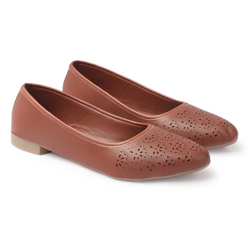 Orthopaedic Ballet Flats, Diabetic Comfort Shoes, Black Perforated Design,Casual Wear Bellies for Women (M-206-Beige)-image-4