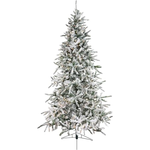 Fraser Hill Farm 10-Ft Mountain Pine Flocked Artificial Christmas Tree with Warm White LED Lights & Stand, Prelit Foldable Fake Tree with Realistic Snowy Foliage for Home Winter Wonderland Decoration