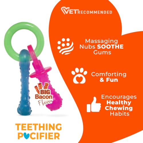 Image of Nylabone Puppy Pacifier Chew Toy, Teething Toys for Puppies up to 25 lbs | Puppy teething toys with bacon flavor, soft material, textured nubs massage gums