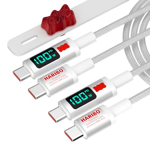 Haribo USB-C to USB-C ケーブル（2本組・1.5m） 100W PD急速充電、LEDディスプレイ付き、USB 2.0、グミベアデザイン、iPhone 15・16シリーズ、Galaxy、Xiaomi、Pixel、Xperia 対応