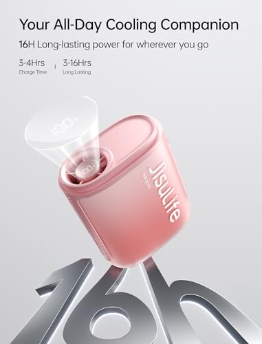 Image of JISULIFE Portable Neck Fan 100 Speeds 40000RPM, Wearable Waist Clip on Fan | 16H Runtime, 4500mAh USB Rechargeable & LED, Personal Mini Cooling Fan, Gift for Women Outdoor /Travel /Camping /Vacation-Pink