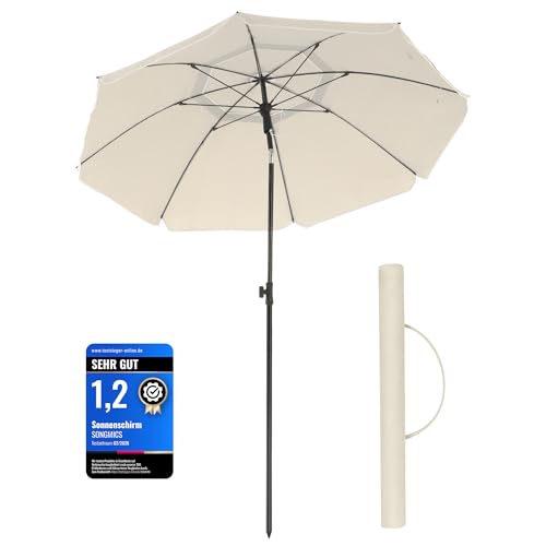 SONGMICS GPU65WTV1 Sonnenschirm, 200 cm, Sonnenschutz UPF 50+, neigbar um 30° in 2 Richtungen, höhenverstellbar, mit Tragetasche, für Balkon, Garten, Terrasse, Strand, ohne Sockel, Beige