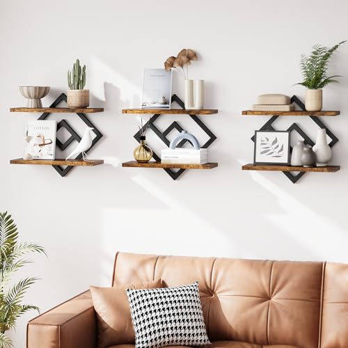 Image of ELYKEN Floating Shelves for Wall, Set of 3 Hanging Shelves, 2-Tier Wall Mounted Storage Shelves for Books & Decor, Perfect for Living Room, Bedroom, Kitchen, Home Office, Study, Rustic Brown