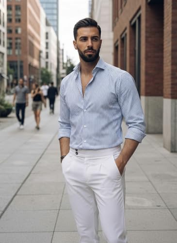 Image of IndoPrimo Men's Striped Shirt | Premium Slim Fit Full Sleeve Formal Casual Shirt | Button-Down Cotton Shirt for Office