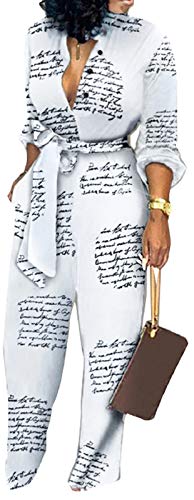 Yiershu Women's Casual V Neck Long Sleeve Printed Jumpsuits Elegant Buckle Ziper Long Pants Rompers Straight Club Outfits(White,XL)