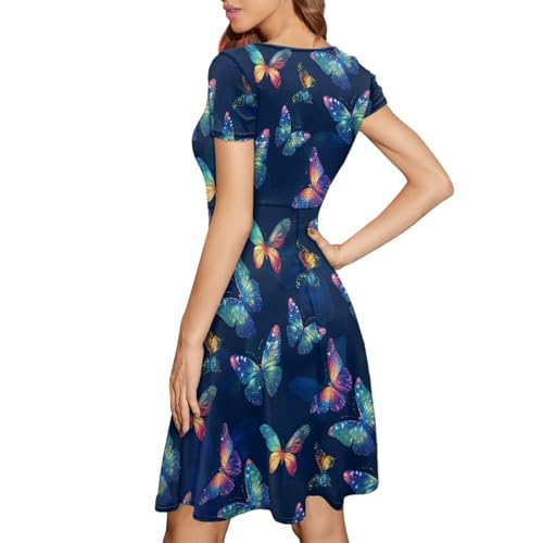 Image of HUGS IDEA Womens Puffy Swing Midi Dress Round Neck Short Sleeve Party A-Line Dresses