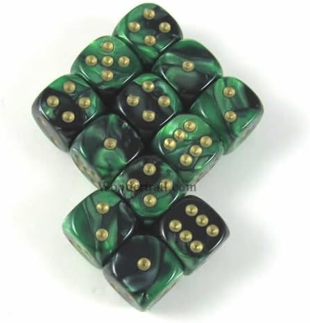 Wondertrail Black Green Gemini with Gold Pips 12mm D6 Dice Set of 12 WCX26839E12