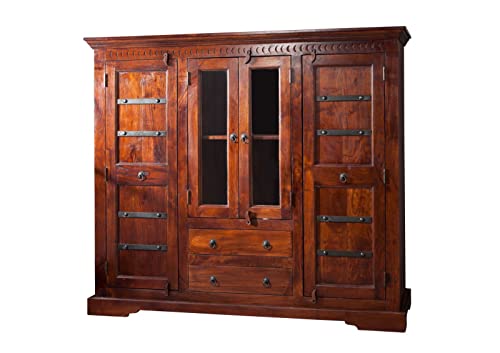 MASSIVMOEBEL24.DE Buffet avec vitrine - Bois Massif d'acacia laqué (Nougat) - Style Colonial - Oxford #418