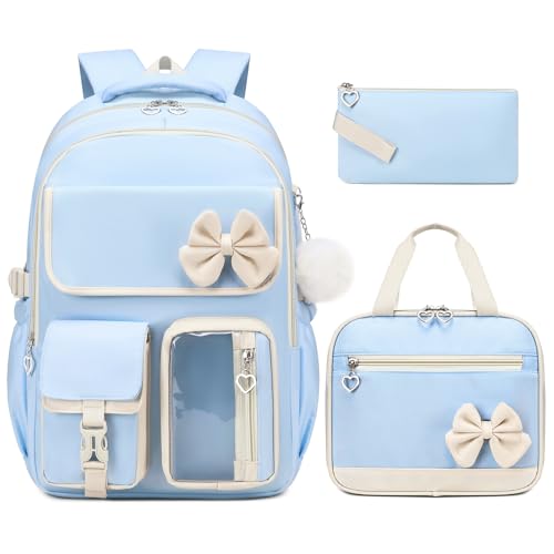 GeeWin Girls Backpack for School with Lunch Box & Pencil Case Set 17 Inch Waterproof Cute Bow Girls Bookbag for Kids Teens Elementary Middle High College School Student (Blue/Beige)