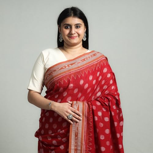 Image of Ikat Women's Pure Cotton Saree Traditional Craftsmanship Double Ikat Weaving Floral Handmade Ethnic Saree without Blouse Piece