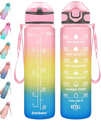 Enerbone 32 oz Drinking Water Bottle with Times to Drink and Straw, Motivational with Carrying Strap, Leakproof BPA & Toxic Free, Ensure You Drink Enough Water for Fitness Gym Outdoor