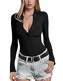 Merzhiiry Womens Black Sexy Deep V Neck Polo T Shirt Long Sleeve Bodysuit Tops for women Turn Collar Ribbed One Piece Bodycon Body Suits Women Clothing Casual Control Thong Leotard L