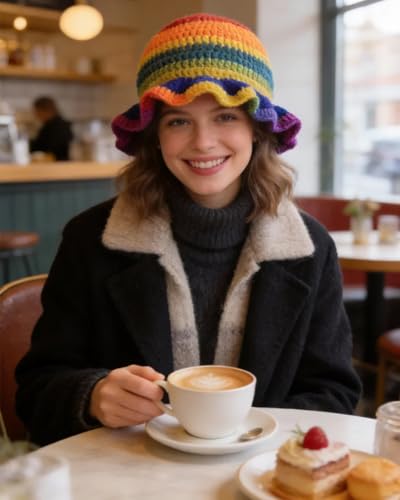 Image of Women Crochet Bucket Hat Cute Winter Ruffled Brim Floppy Cap Handmade Knit Cloche Hats