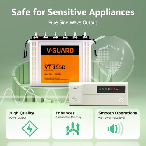 Image of V-Guard Inverter & Battery Combo (Prime 750 Pure Sine Wave 650VA / 12V Inverter, VT 155D 150 Ah Tall Tubular Battery) for Home, Office & Shops