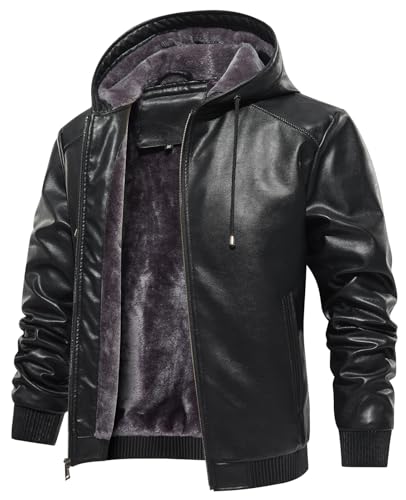 MANSDOUR Men's Faux Leather Jacket Warm Black Fleece Lined Motorcycle Bomber Jacket with Hood