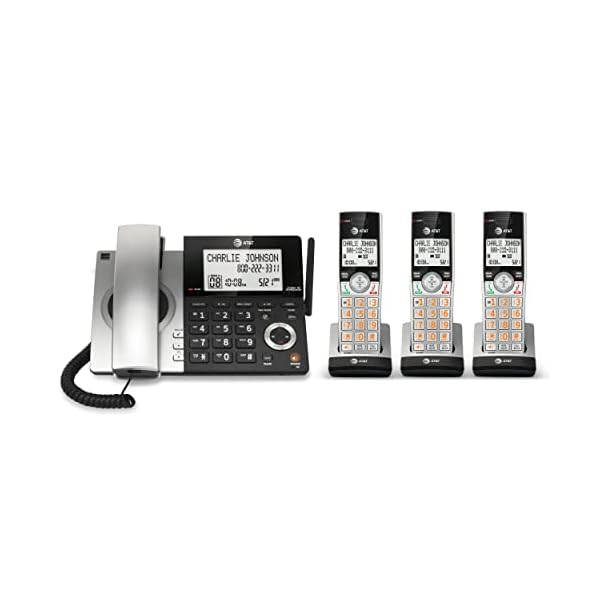 AT&T CL84307 Dect 6.0 Expandable Corded/Cordless Phone with Smart Call Blocker, Silver/Black with 3 Handsets