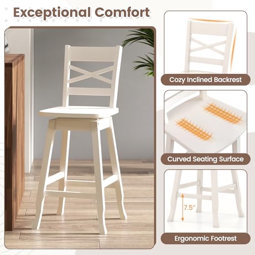 COSTWAY Butaco Altura de Mostrador 24 Pulgadas Juego de 2, Silla de Bar Giratoria de Madera de Caucho con Respaldo Inclinado, Asiento Curvado y Reposapiés, Silla de Barra para Isla de Cocina y Pub (2, Crema) miniatura 5