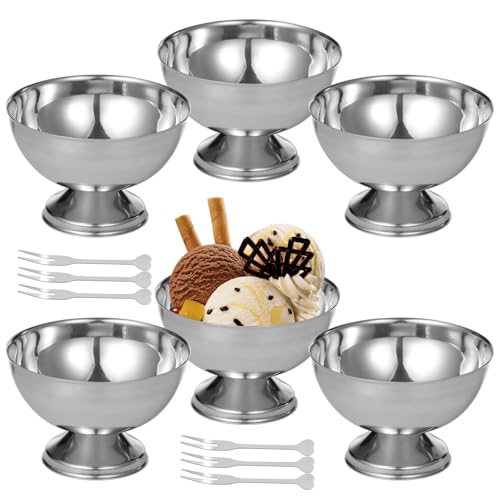 Skdqiee Stainless Steel Ice Cream Cup 200ml Stainless Steel Ice Cream Bowl with Forks 6 Pcs Silver Ice Cream Bowls Silver Coupe Glasses for Sundae Fruit Ice Cream Pudding Sauce Dishwasher Safety