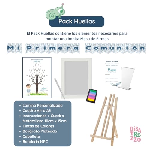 Miniatura 3 de Disatrezzo - Pack Árbol Huellas Comunión Niño A Azurite - Libro Firmas. Contiene Marco,Lámina Personalizada,Tintas, Bolígrafo, Instrucciones Y Banderín Comunión. -
