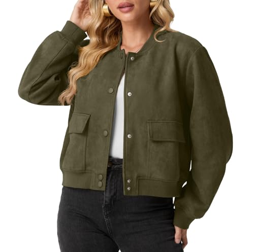 GRECERELLE Womens Bomber Jacket Long Sleeve Crop Casual Smart Biker Vintage Classic Work Shacket Coat for Ladies with Snap Buttons, Two Pockets, Elastic Cuffs and Hem (Army Green, L)