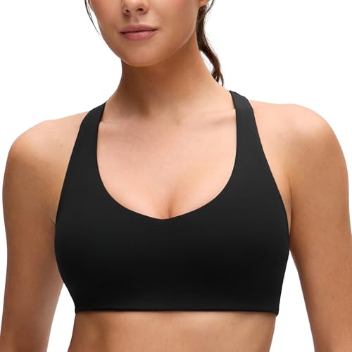 CRZ YOGA Butterluxe Racerback Sports Bras for Women - V Neck Supportive Padded Wireless Athletic Yoga Crop Top Black Large