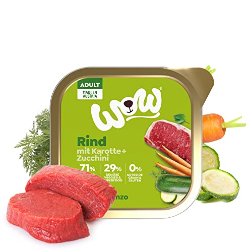 WOW Hundefutter nass Adult mit Rind, 11x 150g I reichhaltiges Nassfutter für ausgewachsene Hunde Aller Rassen I Beste Qualität mit viel Fleisch, Karotten & Zuccini I hohe Akzeptanz & Verträglichkeit