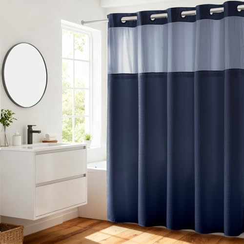 River Dream Heavyweight Navy Blue No Hooks Required Dotted Waffle Weave Shower Curtain with Snap in Liner - 71W x 74H,Hotel Grade,Spa Like Bath Curtain by River Dream - Used condition - US$30.59