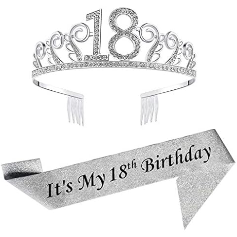 18th Silver Birthday Tiara and Sash Glitter Satin Sash and Crystal Rhinestone Tiara Crown for Happy 18th Birthday Party Supplies Favors Decorations 18th Birthday Party Accessories Cover