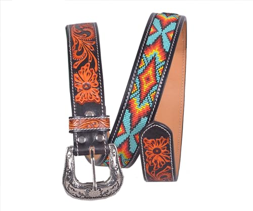 Western Tooled Leather Beaded Belt For Men and Women 30IS1094