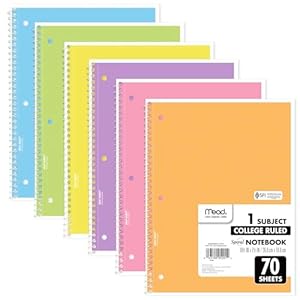 Mead Spiral Notebooks, 6 Pack, 1-Subject, College Ruled Paper, 8″ x 10-1/2″, 70 Sheets, Assorted Pastel Colors (830049)