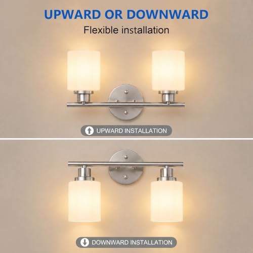 Image of Unicozin 2 Light Bathroom Light Fixtures, Modern Vanity Lights with Milky White Glass Shade, Brushed Nickel Wall Lamp Over Mirror for Bathroom, Living Room, Cabinet, Bedroom, E26 Base
