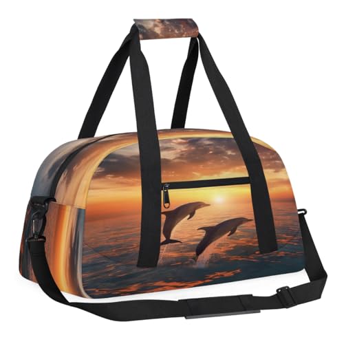 Sea Ocean Dolphin Kids Duffle Bags for Boys Girls, Sunset Fish Sport Gym Bag Waterproof Travel Overnight Weekender Bag Teen Dance Gymnastics Sleepover Bag3
