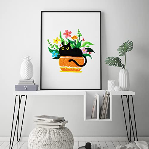Image of Louise Maelys Black Cat Embroidery Kit for Beginners Botanical Craft | Cross Stitch Kits Include Pre-Printed Fabric, Embroidery Hoop, Threads, Needles and Guide. Needlepoint Kit for Adults