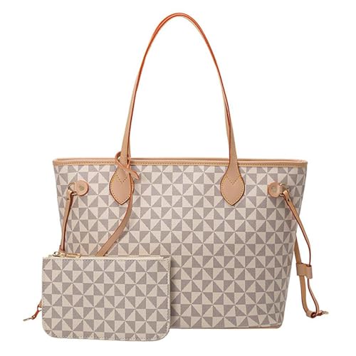 BTYAW Women's Leather Tote Bag with Wallet Set, Triangle Print Satchel Purse & Shoulder Bag, Top Handle Handbag for Work Travel (2PCS) white