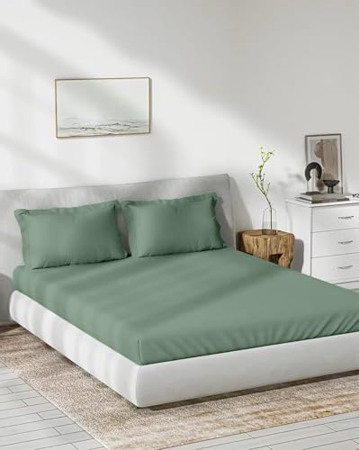 Image of Trance Home Linen 300 TC Bamboo Fitted Bedsheet | Soft, Breathable & Eco-Friendly Bedsheet with 2 Pillow Cover - (78 x 42 inch, Aqua Green)