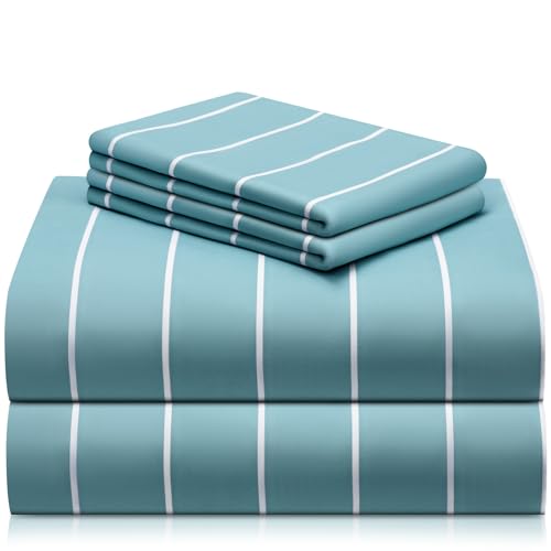 Image of LuxClub 4 PC Full Size Sheet Set, Breathable Luxury Bed Sheets, Deep Pockets 18 inch Wrinkle Free Cooling Machine Washable Hotel Bedding (Striped Light Blue)