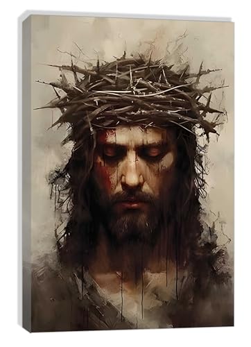 zyfmyc Póster cristiano enmarcado de Jesús con corona católica religiosa de espinas, impresión de pintura para sala de iglesia, lienzo de Dios, imagen de Dios, sala de estar, dormitorio, iglesia,