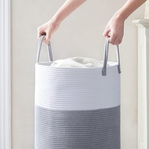 Image of Laundry Basket for Clothes | Cotton Rope Laundry Hamper with Handles | Foldable Woven Storage Basket for Bedroom & Living Room | Clothes, Toys & Blanket Organizer | 38 x 38 x 46 cm