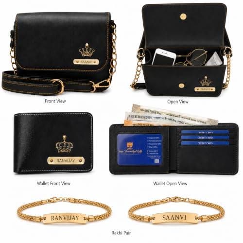 Image of SAVRI Personalized Rakshabandhan Gift for Bhaiya & Bhabhi | Customized Leather Wallet & Sling Bag with Name & Charm | Set of 2 Personalized Chain Rakhis with Name | Couple Gift for Anniversary & Rakhi