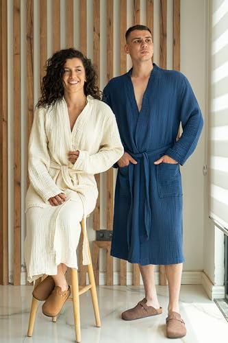 Image of Muslin Unisex Bathrobe Women & Men, 100% Cotton Kimono Lightweight Robe | Long Robes Soft, Absorbent, Spa robes