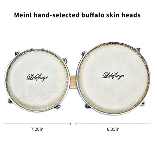 LeSage Bongos Drum for Kids Adults Beginner Bongos 7 in and 8 in Natural Wood Real Skin Drum Head with Tuning Key