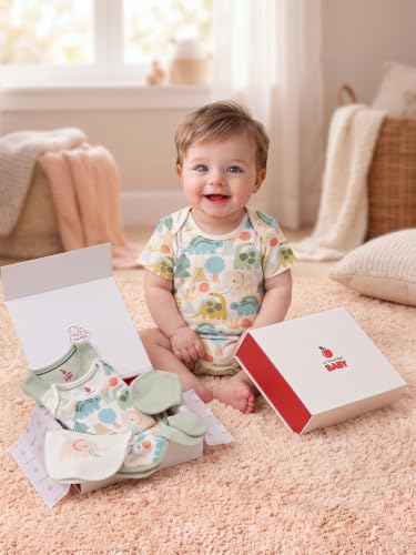 Image of 6 Pcs Clothing Gift Set with Box, 100% Cotton Soft & Breathable 6-Piece Layette Set with Bodysuit, Romper, Bib, Cap, Mittens & Swaddle, 0-12 Months, All-Season Wear